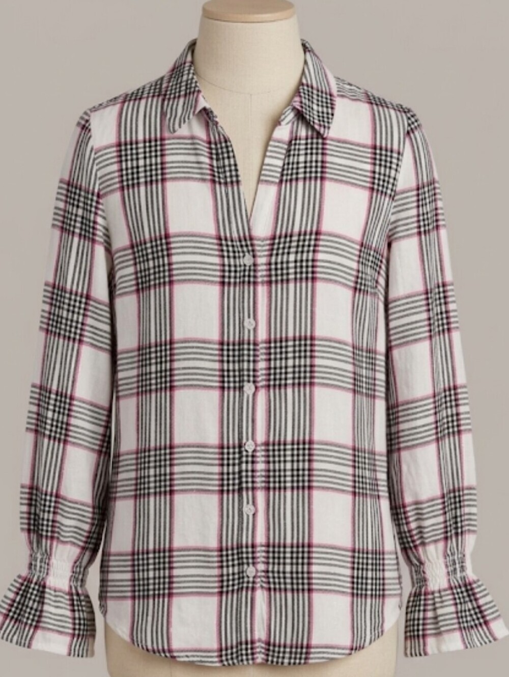 Classic Plaid Button-Up Shirt with Pink & Black Stripes Soft Size Large